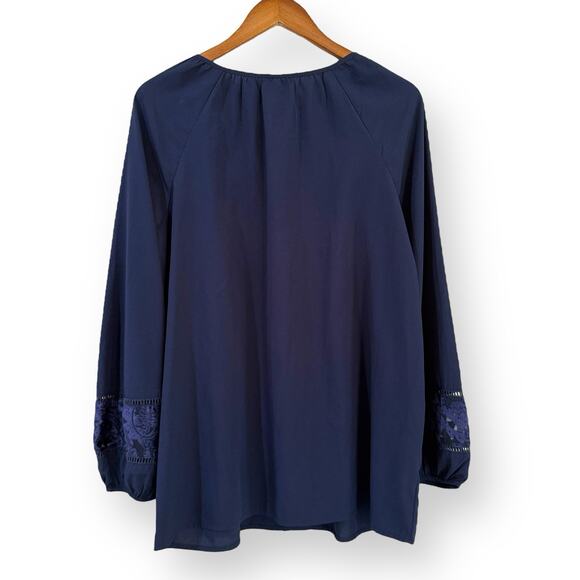 Chico's Navy Blue Velvet Eyelet Lace Detail Peasant Top Womens Size 2 Large Boho - Picture 7 of 10